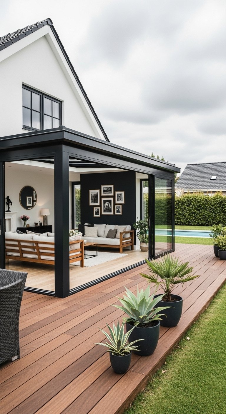 Véranda salon ouverte sur une terrasse avec un mur d accent noir
