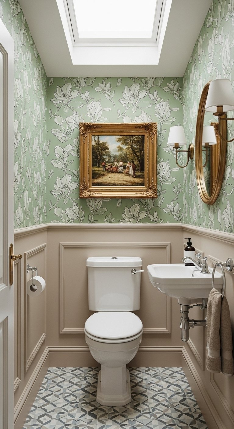 WC classique avec soubassement mouluré et papier peint floral vert sauge
