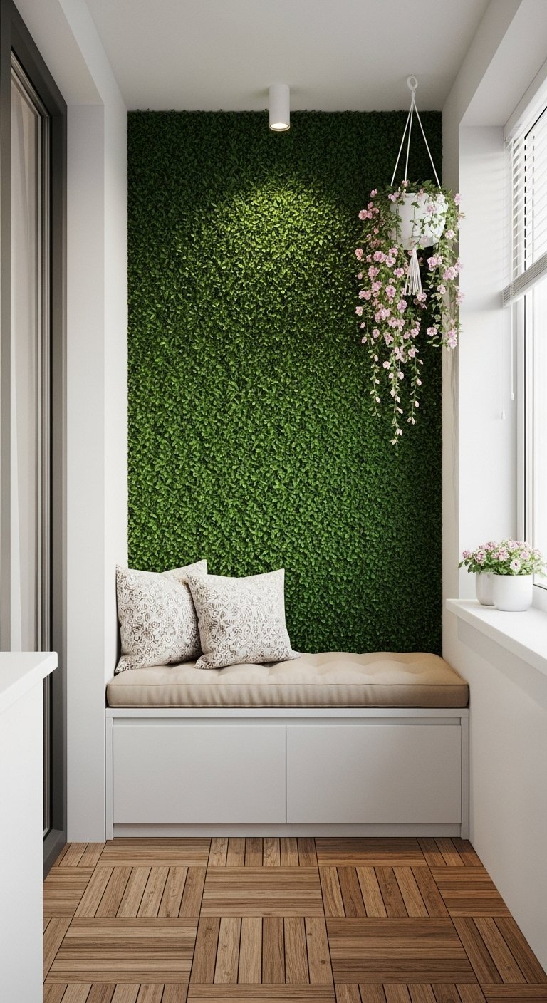 Banquette de rangement intégrée devant un mur végétal artificiel sur un balcon