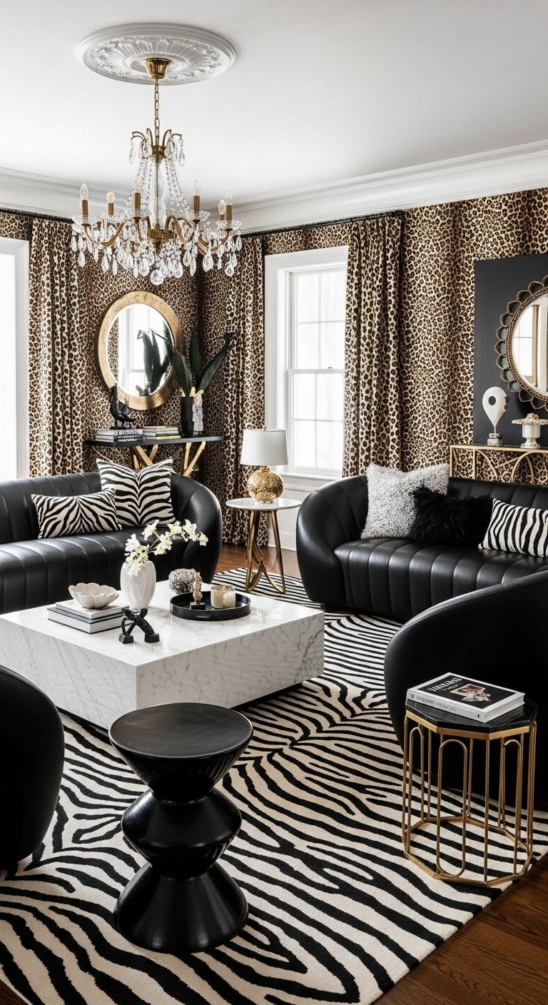 Canapés en cuir noir dans un salon maximaliste avec des motifs léopard et zèbre