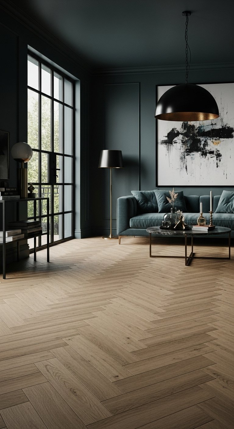 Carrelage imitation bois en pose chevron dans un salon sombre et élégant