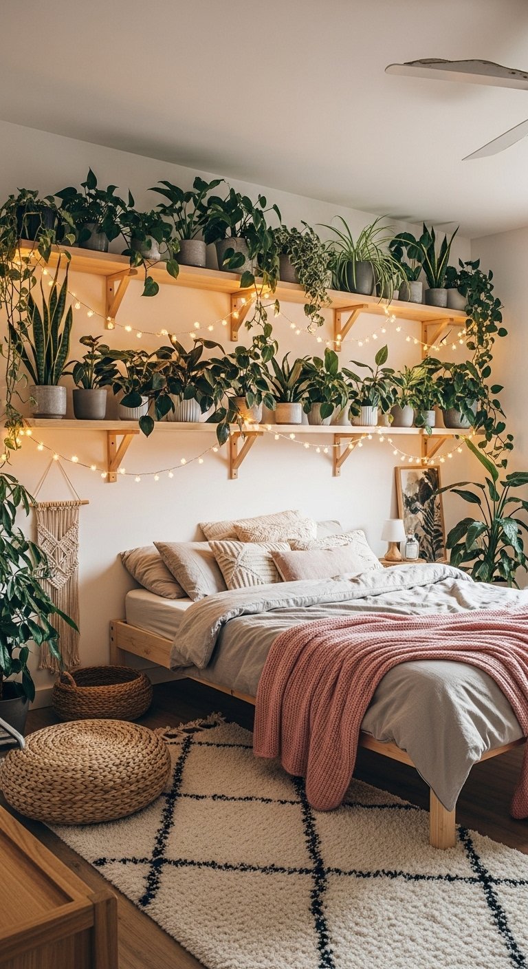 Chambre avec des étagères en bois au dessus du lit remplies de plantes et de guirlandes lumineuses