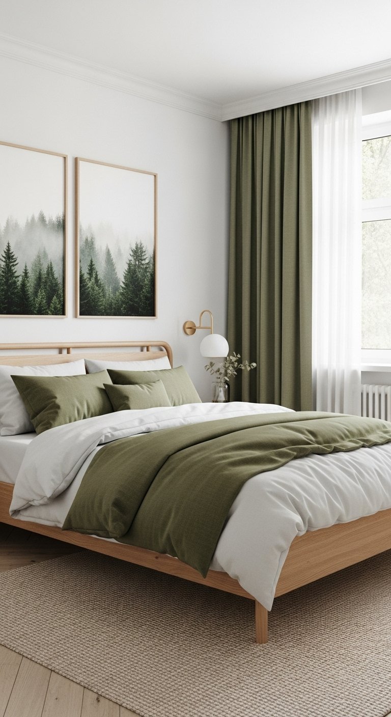 Chambre avec deux grands cadres de forêt et linge de lit vert