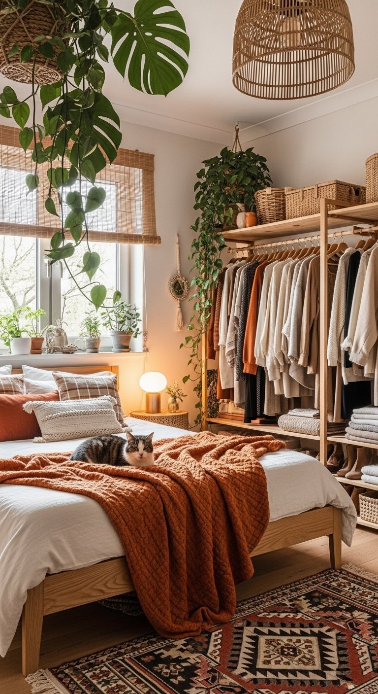 Chambre avec dressing ouvert en bois et chat sur une couverture orange