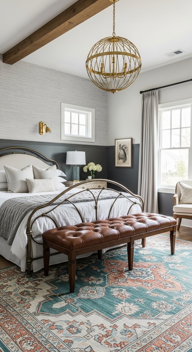 Chambre avec lit en métal et banc en cuir capitonné marron