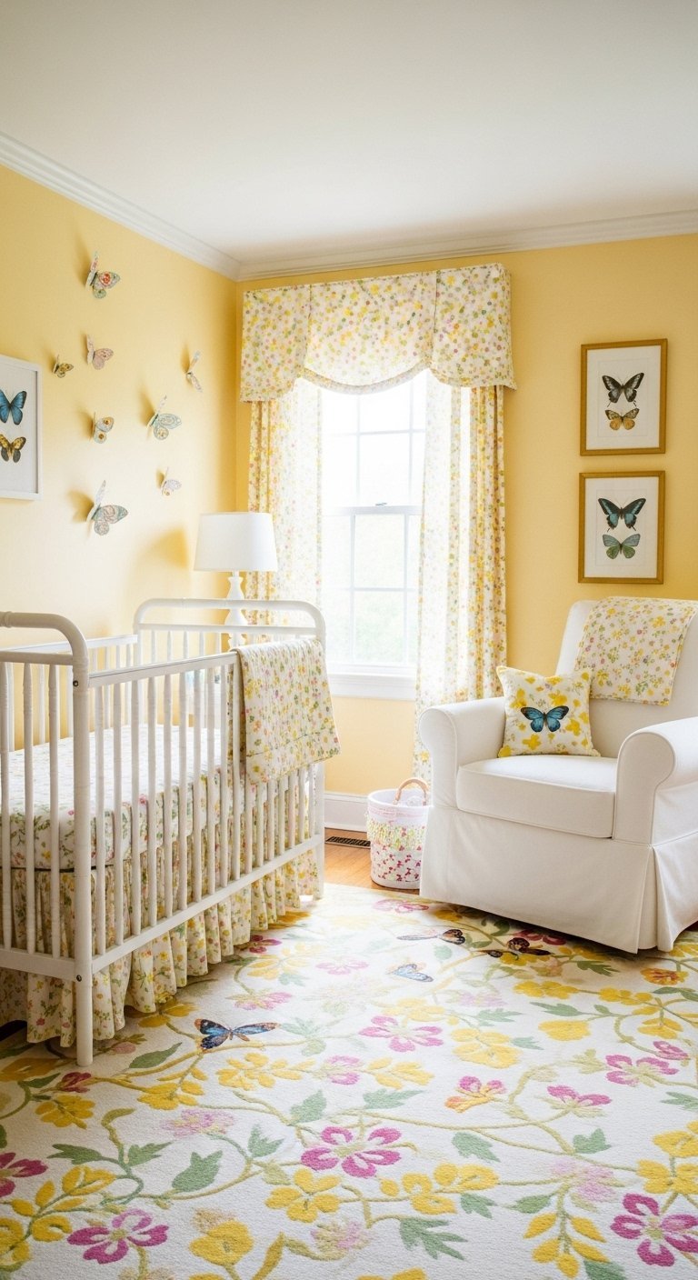 Chambre bébé jaune avec décoration murale de papillons D