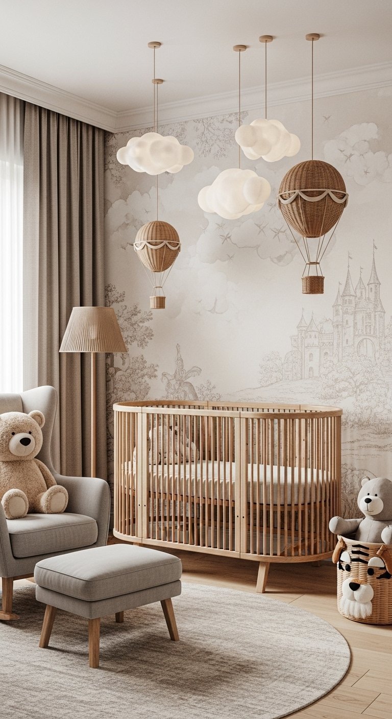 Chambre bebe naturelle avec lit ovale en bois et papier peint chateau