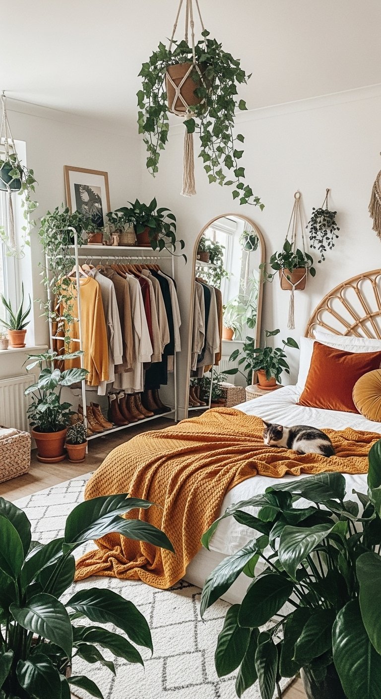 Chambre bohème lumineuse avec un portant à vêtements et de nombreuses plantes