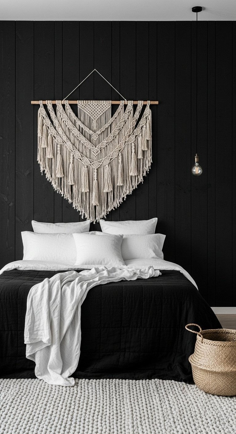 Chambre boheme sombre minimaliste avec mur en bois noir et macrame