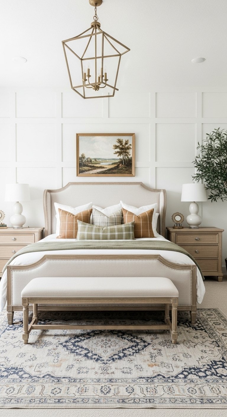 Chambre campagne chic avec mur board and batten blanc et lit rembourre