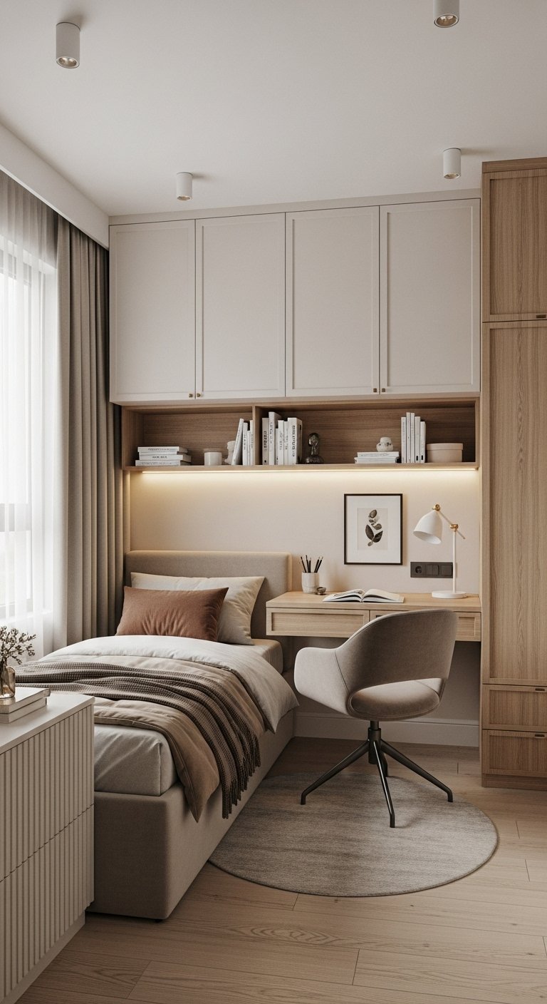 Chambre d ado compacte avec bureau et rangements intégrés en bois et beige
