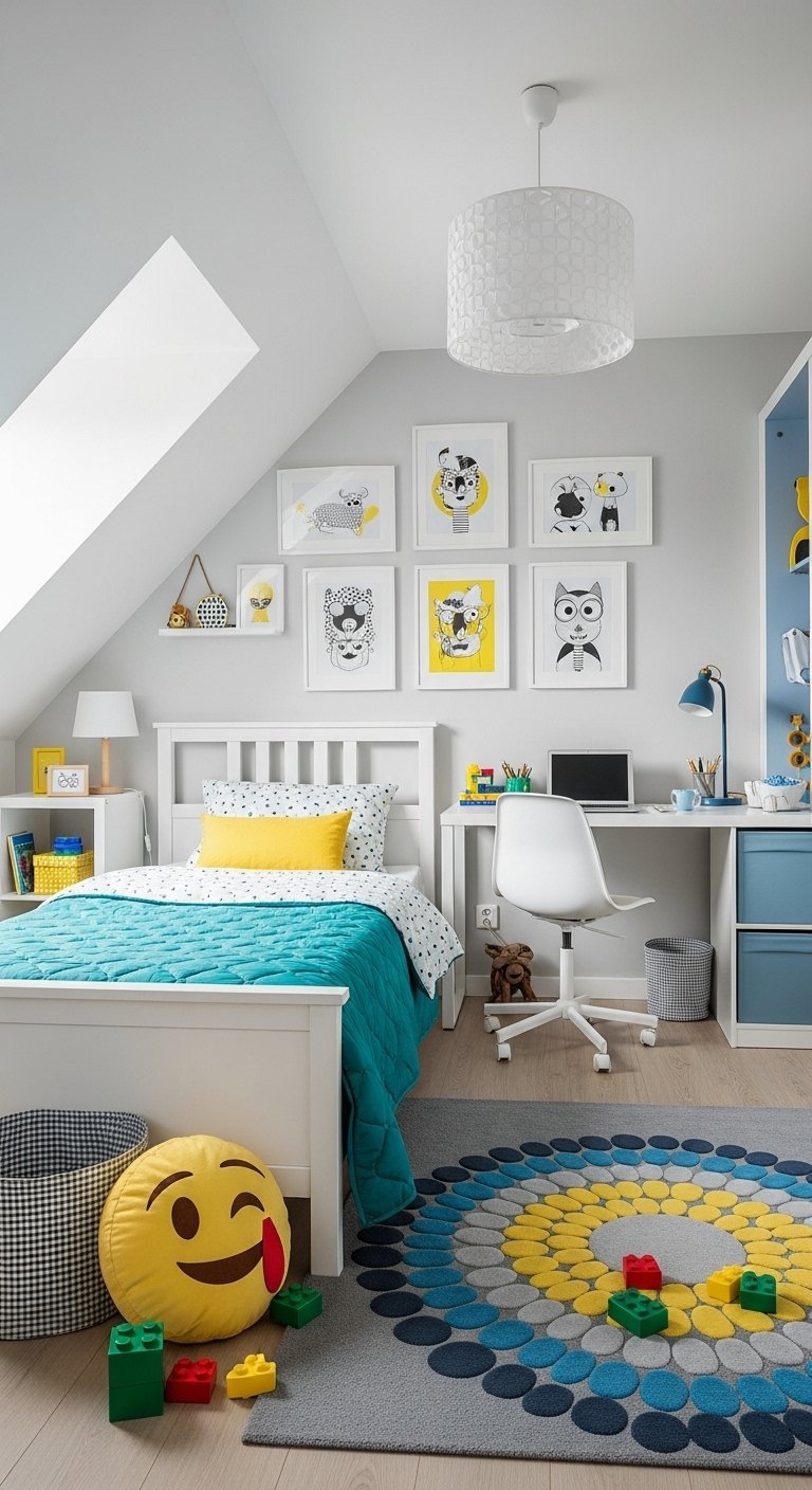 Chambre de garçon sous les toits avec un lit blanc et des touches de couleur jaune et bleu