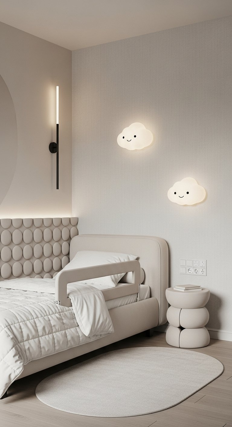 Chambre enfant moderne neutre avec tete de lit matelassee beige