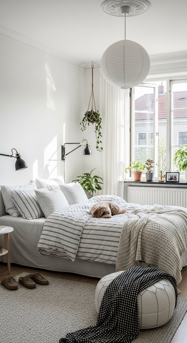 Chambre minimaliste avec linge de lit à rayures et un chien endormi