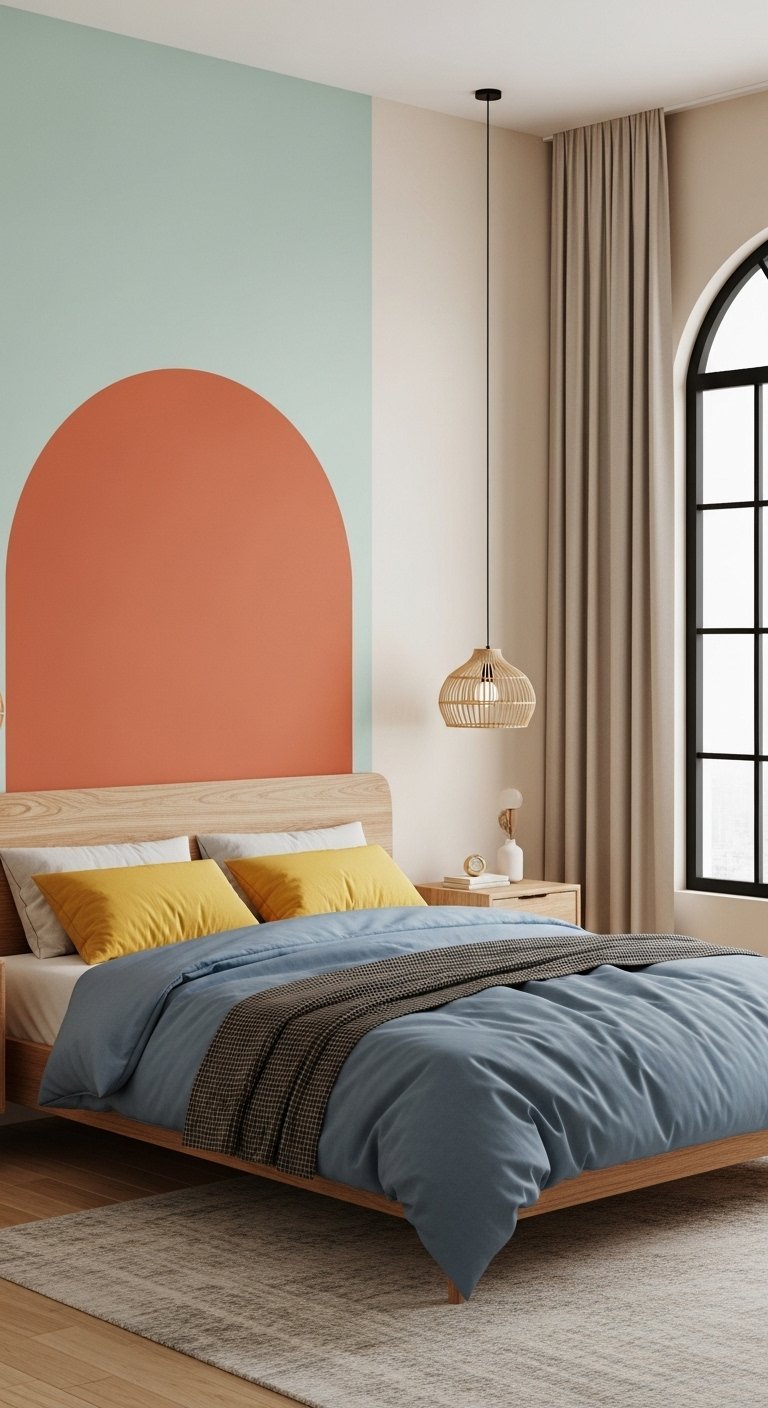 Chambre moderne avec arche peinte terracotta sur mur vert menthe