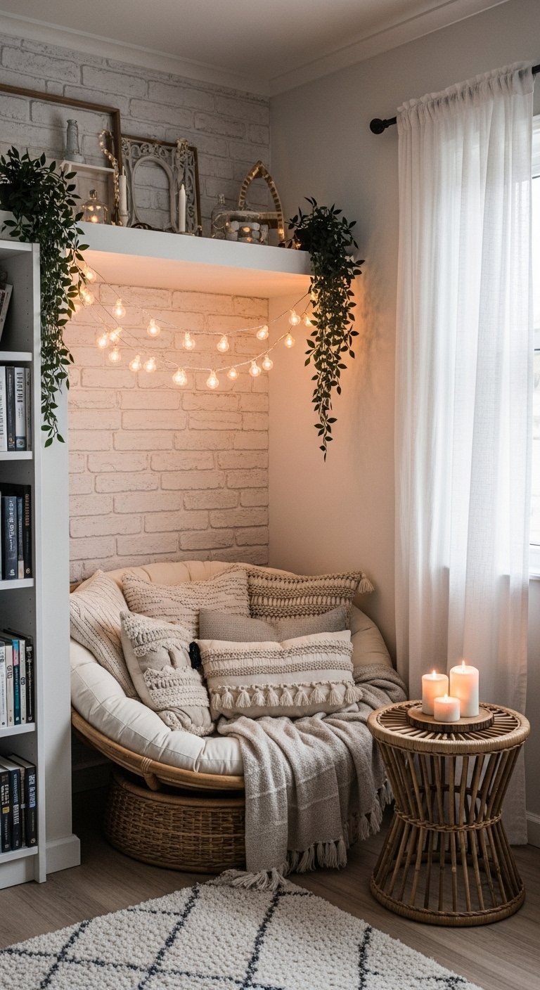 Coin lecture confortable avec un fauteuil papasan rond et une guirlande lumineuse.