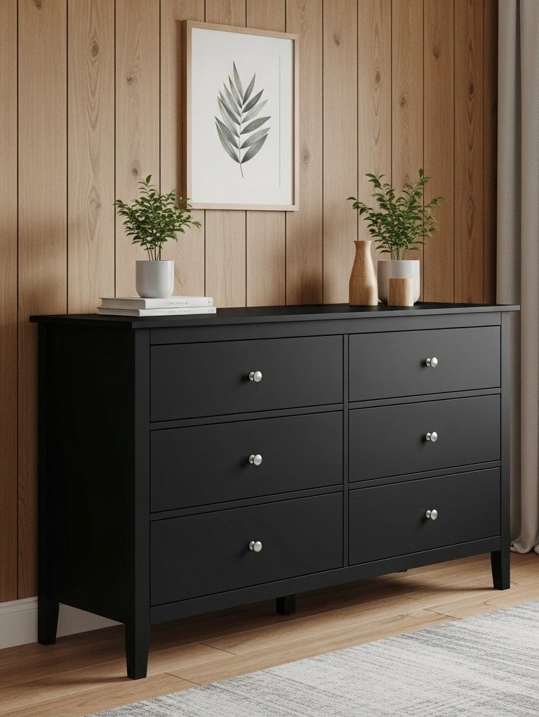 Commode noire minimaliste à six tiroirs avec poignées argentées