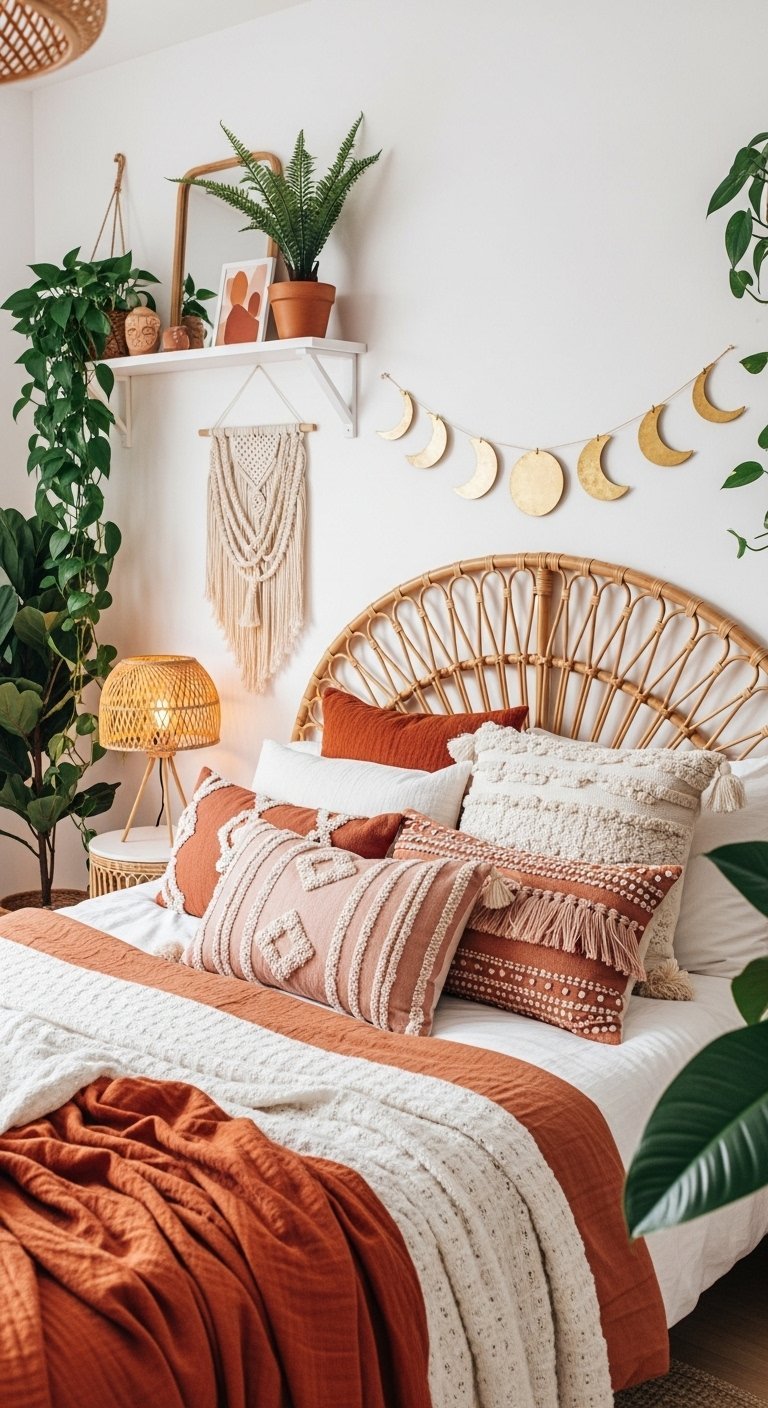 Décoration chambre femme de style bohème avec tête de lit en rotin et guirlande lunaire