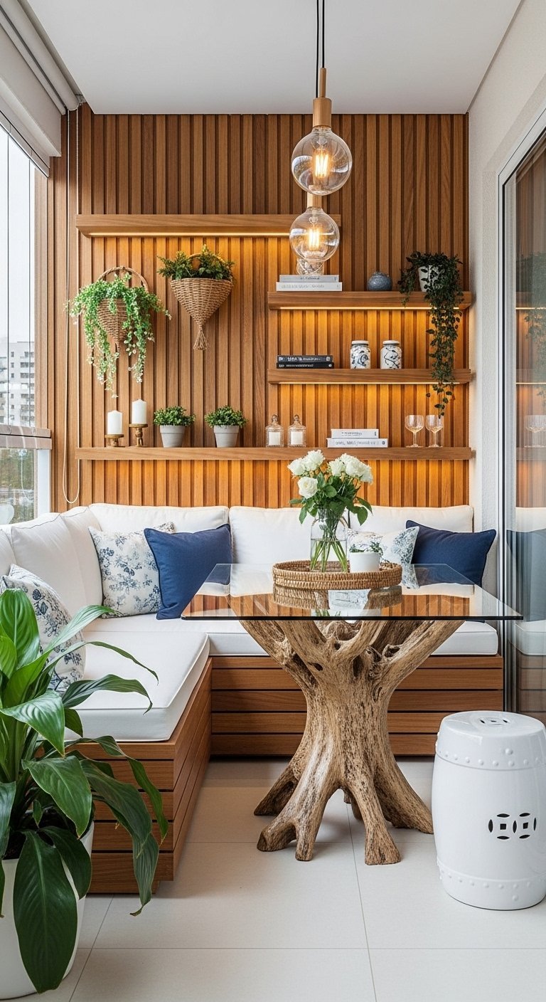 Decoration petit balcon chic avec mur en lattes de bois et table basse en racine darbre