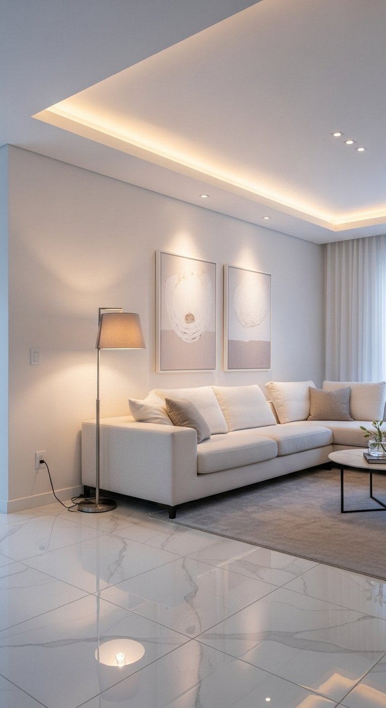Éclairage indirect au plafond et lampadaire dans un salon blanc moderne