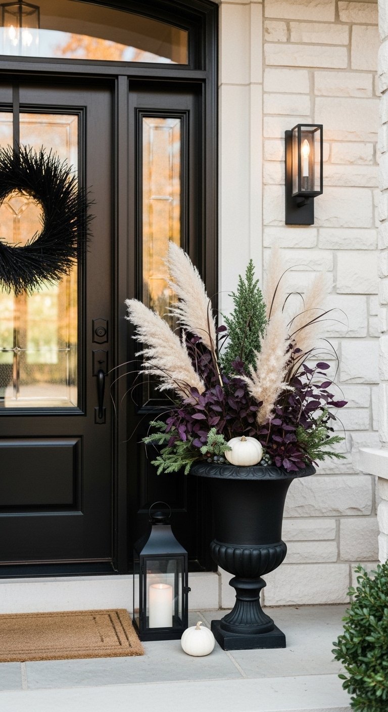Entree de maison exterieure decoree pour Noel avec guirlande et couronne