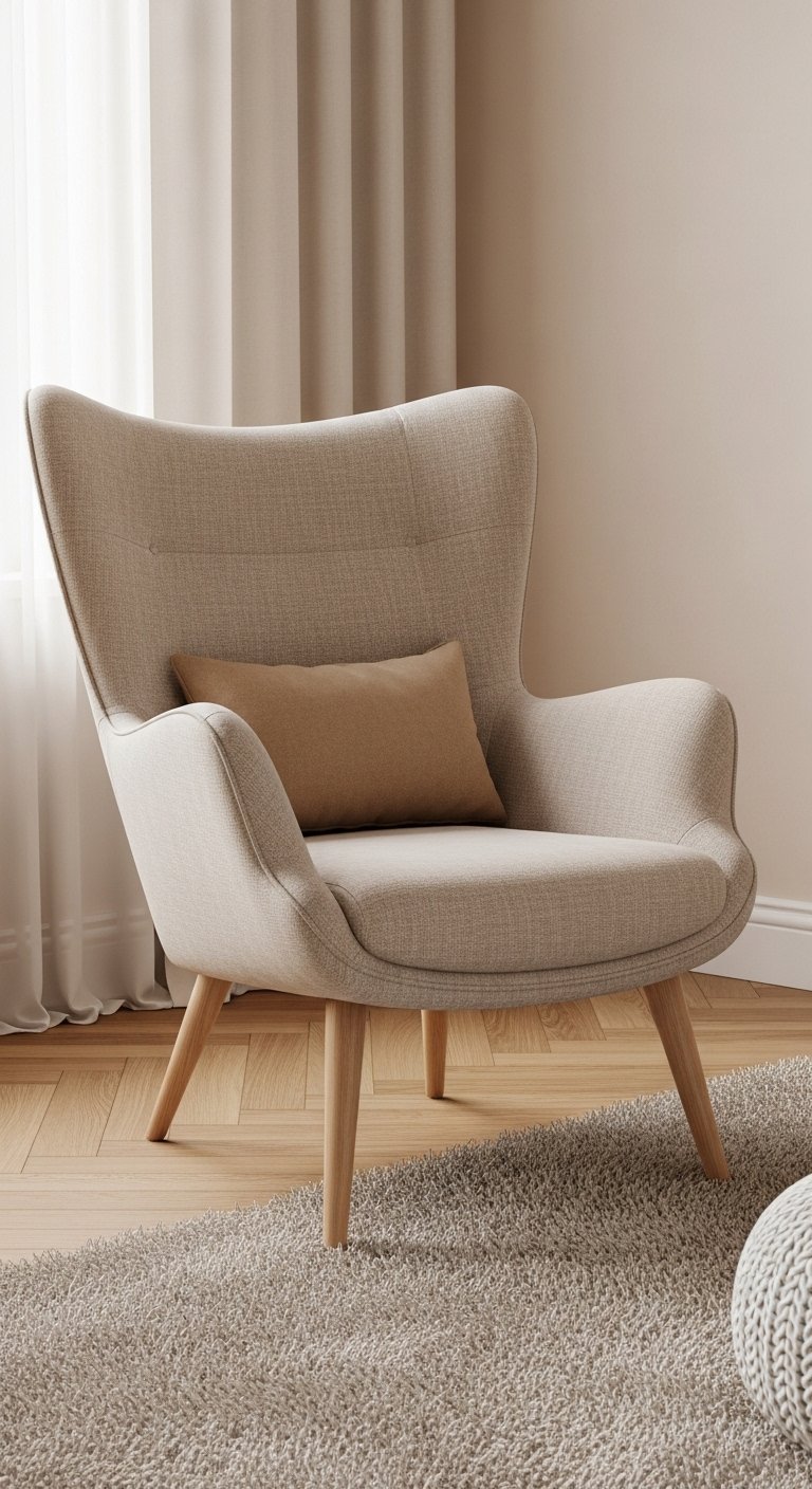 Fauteuil ergonomique de style scandinave en tissu beige avec des lignes courbes