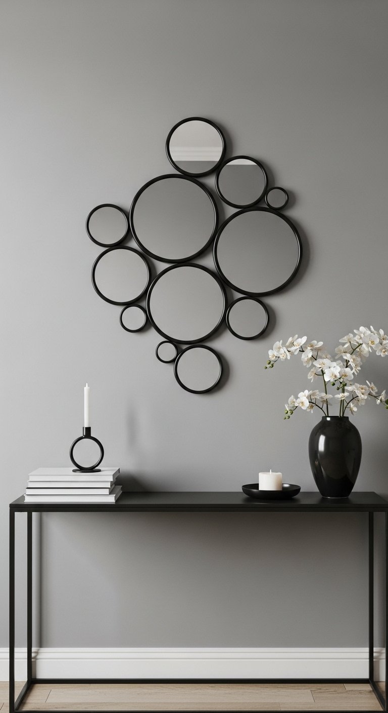 Groupe de miroirs ronds de différentes tailles avec des cadres noirs sur un mur gris