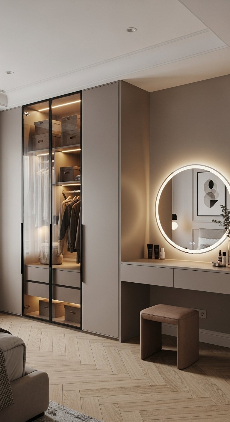Module de chambre avec armoire vitrée et coiffeuse moderne intégrée
