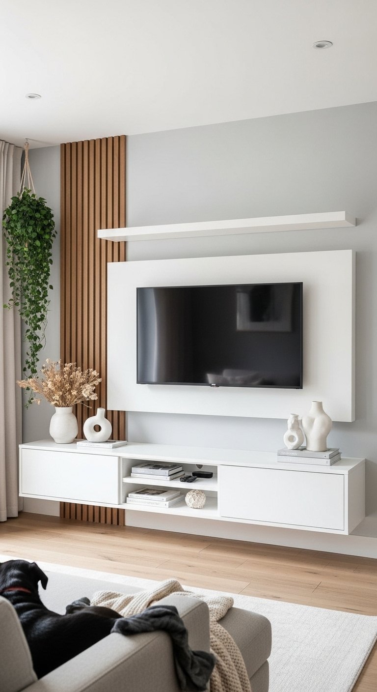 Mur TV asymétrique avec panneau blanc et tasseaux de bois