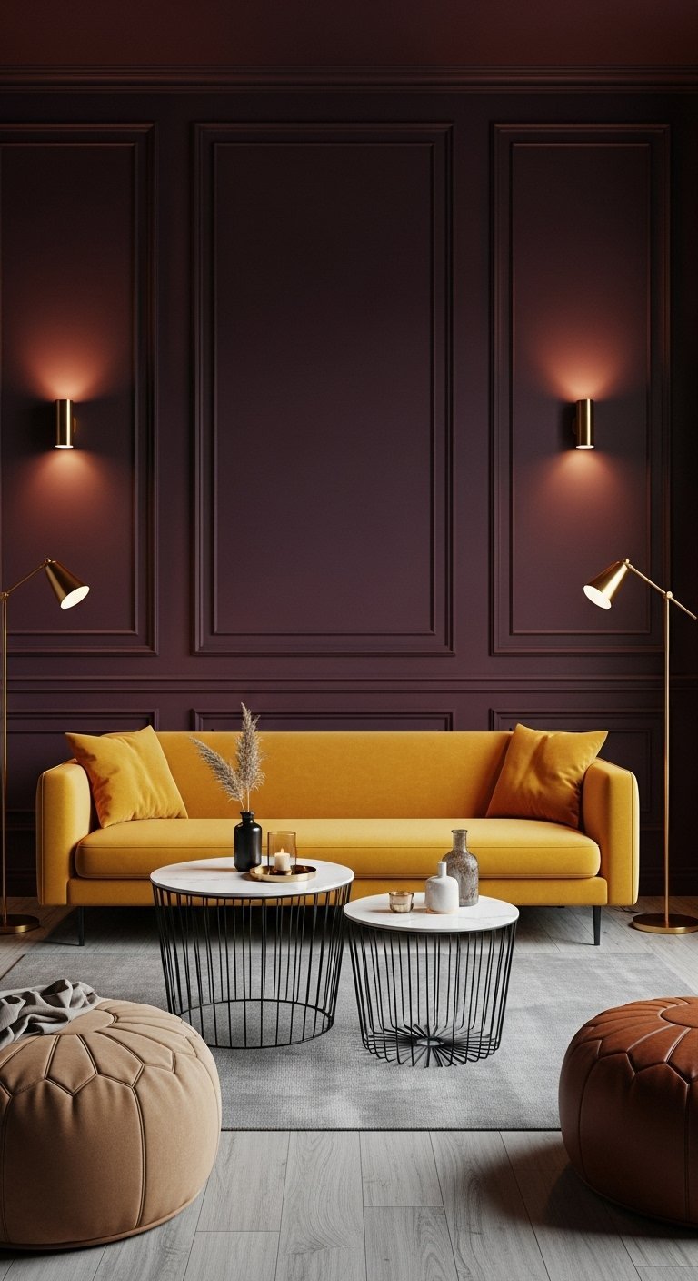 Mur de salon couleur aubergine fonce avec canape jaune moutarde