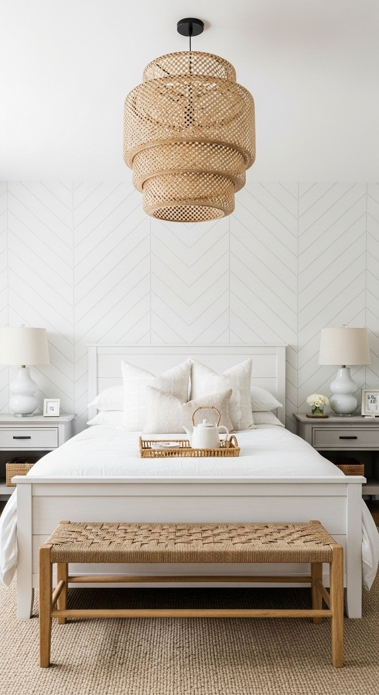 Papier peint blanc texture a motif chevron dans une chambre style cotier