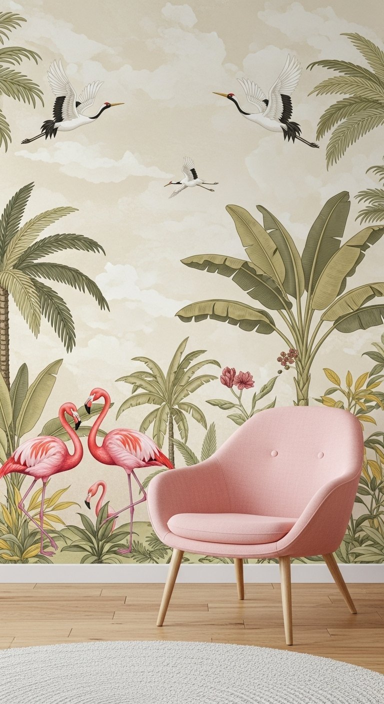 Papier peint panoramique avec flamants roses et grues