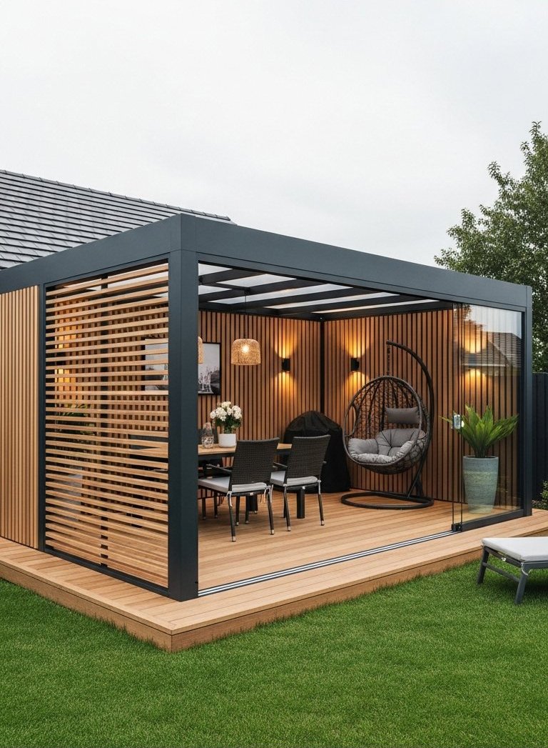 Pavillon de jardin moderne avec parois en verre et structure en bois et métal
