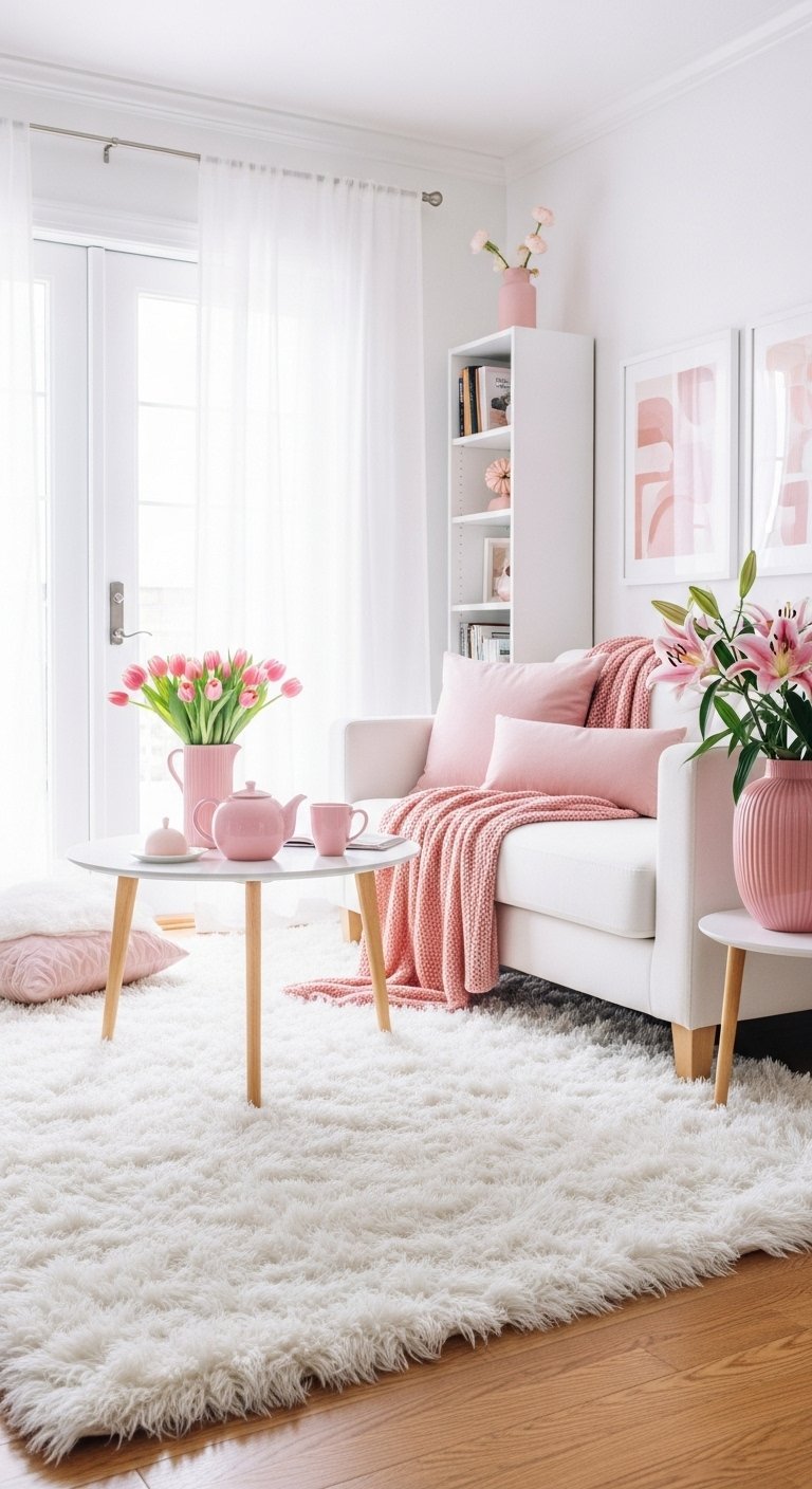 Petit salon blanc et rose avec tapis shaggy et accessoires de décoration roses