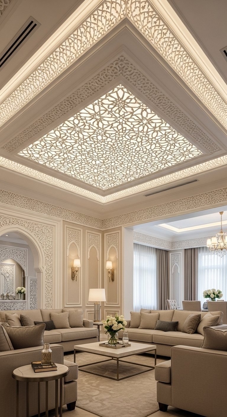 Plafond de salon moderne avec un grand panneau lumineux à motifs orientaux