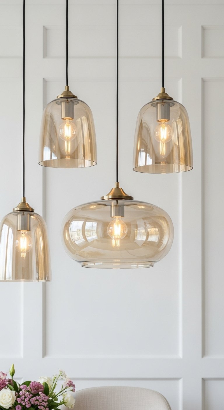 Quatre suspensions luminaires en verre ambré aux formes variées