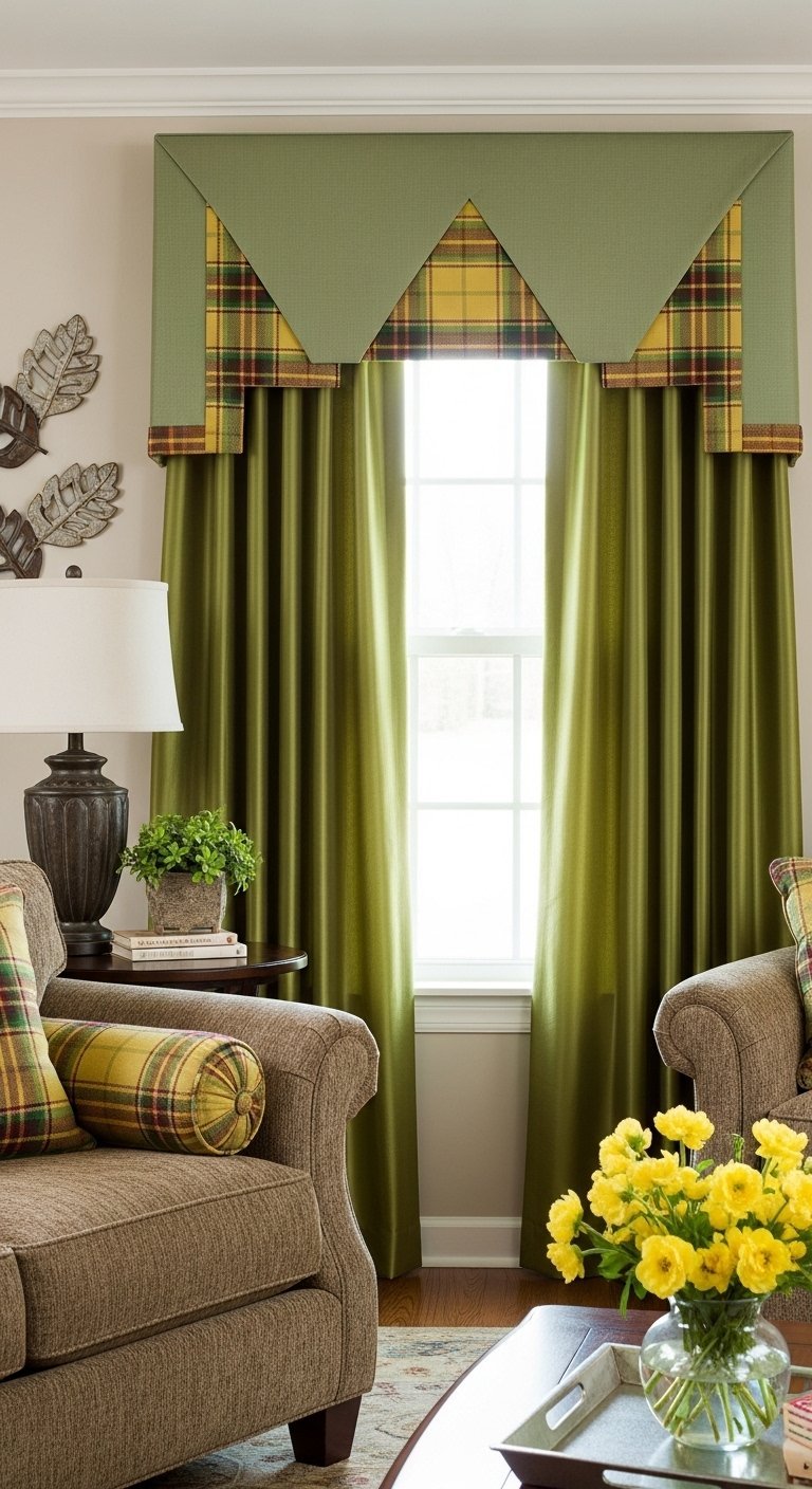 Rideaux de couleur vert olive avec une cantonnière décorative à motif tartan