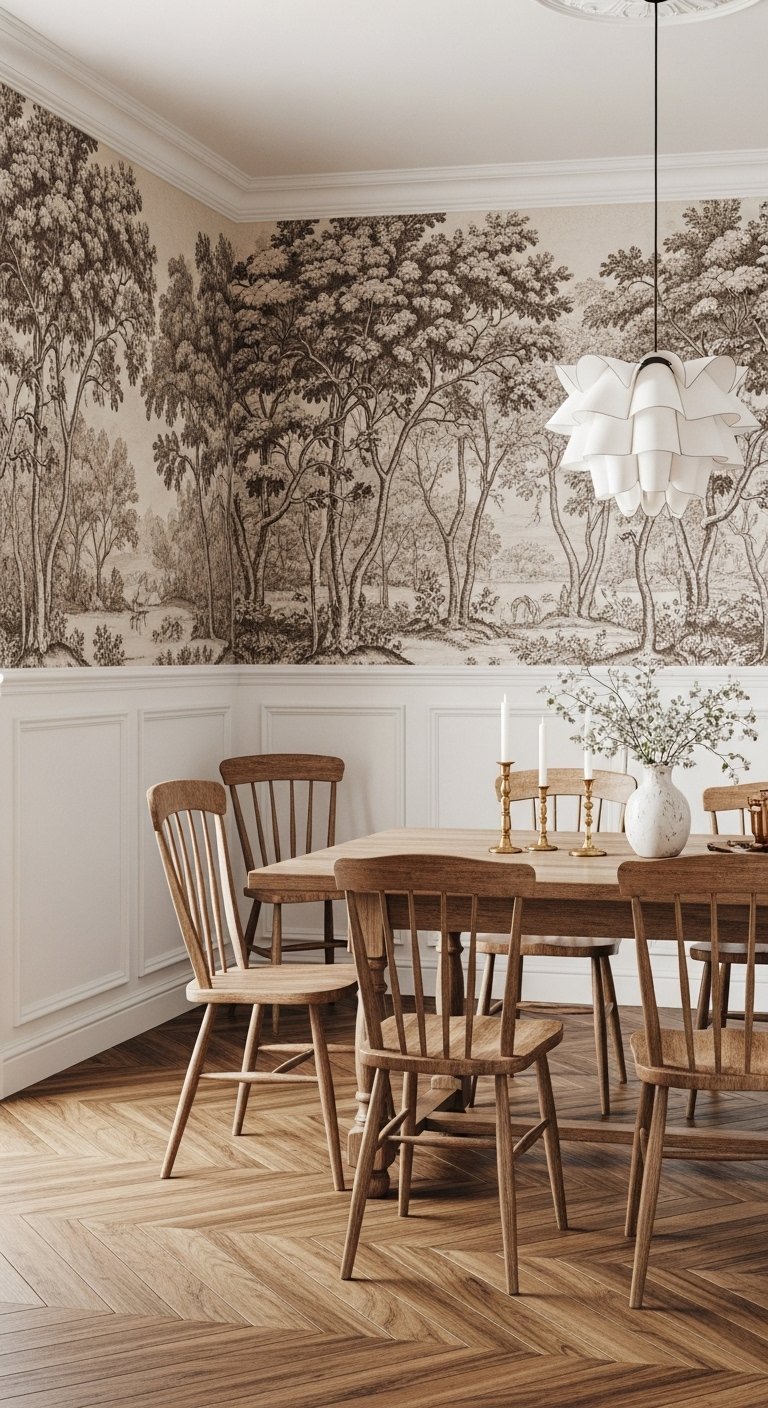 Salle a manger avec un papier peint panoramique style Toile de Jouy representant une foret