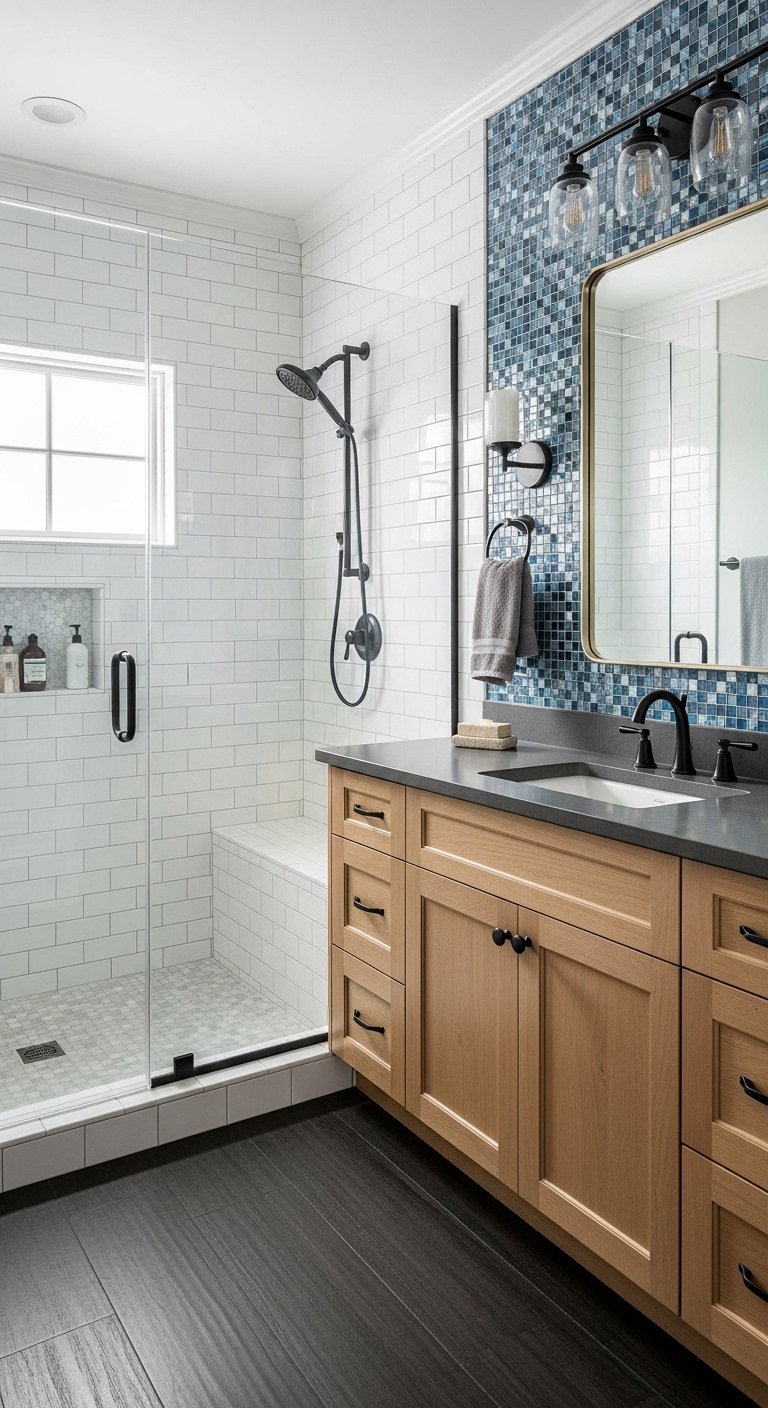 Salle de bain avec mur en mosaïque bleue et meuble en bois