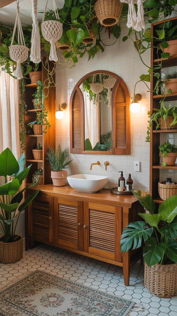 Salle de bain bohème luxuriante avec beaucoup de plantes et meuble en bois