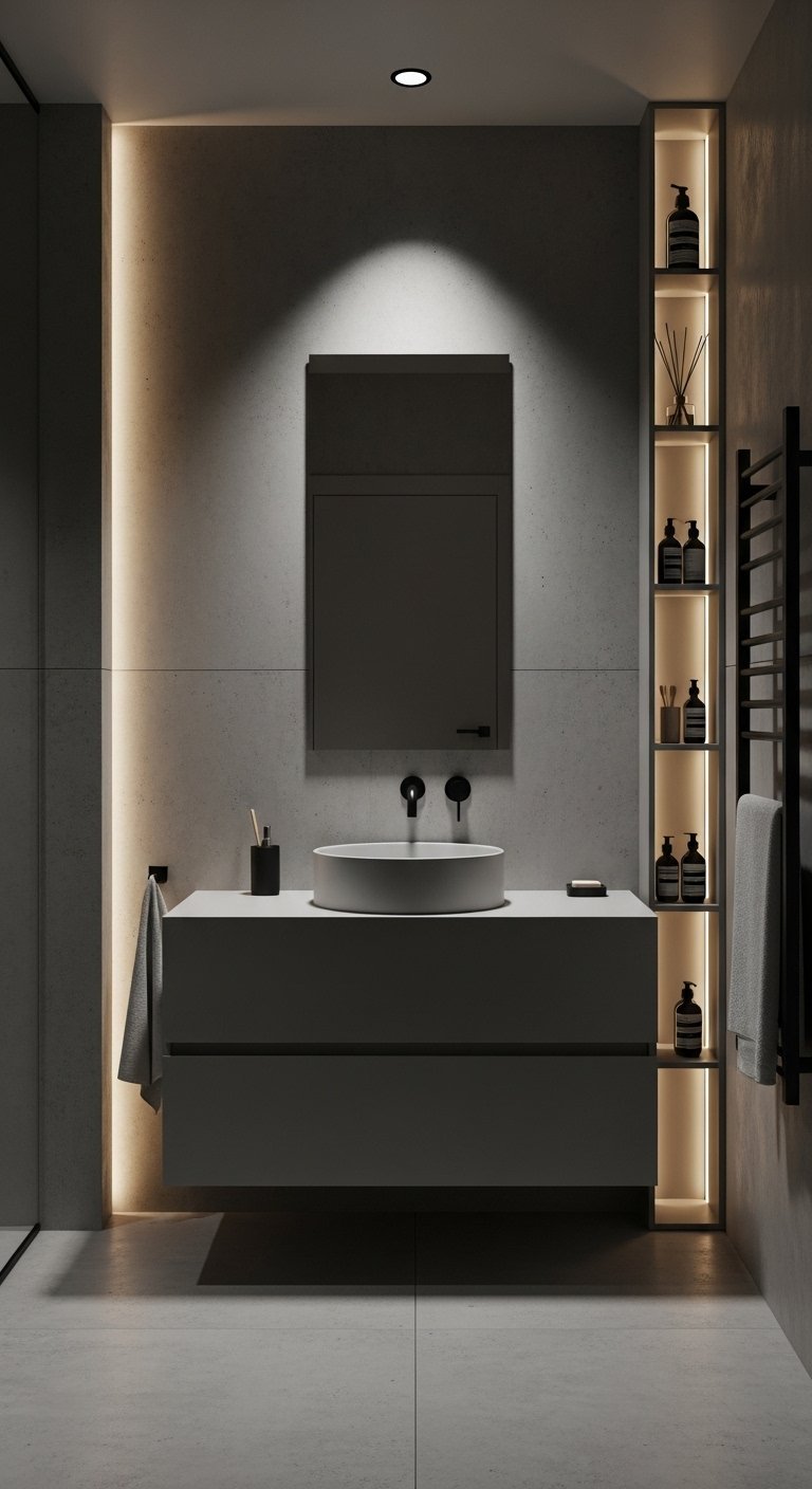 Salle de bain effet béton avec niche de rangement verticale éclairée