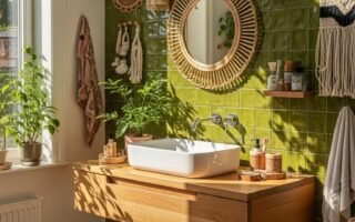 Salle de bain nature avec carrelage vert vif et decoration en rotin