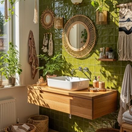 Salle de bain nature avec carrelage vert vif et decoration en rotin