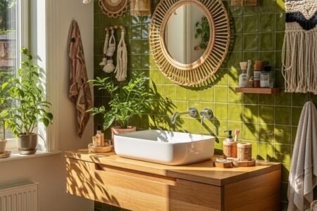 Salle de bain nature avec carrelage vert vif et decoration en rotin