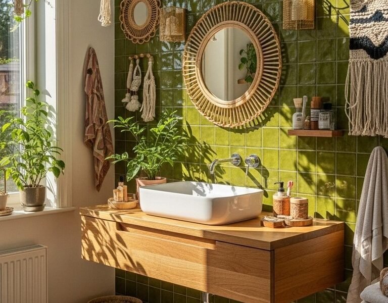 Salle de bain nature avec carrelage vert vif et decoration en rotin