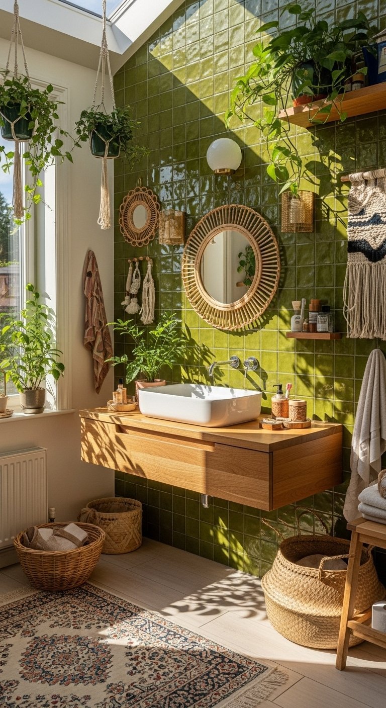 Salle de bain nature avec carrelage vert vif et decoration en rotin