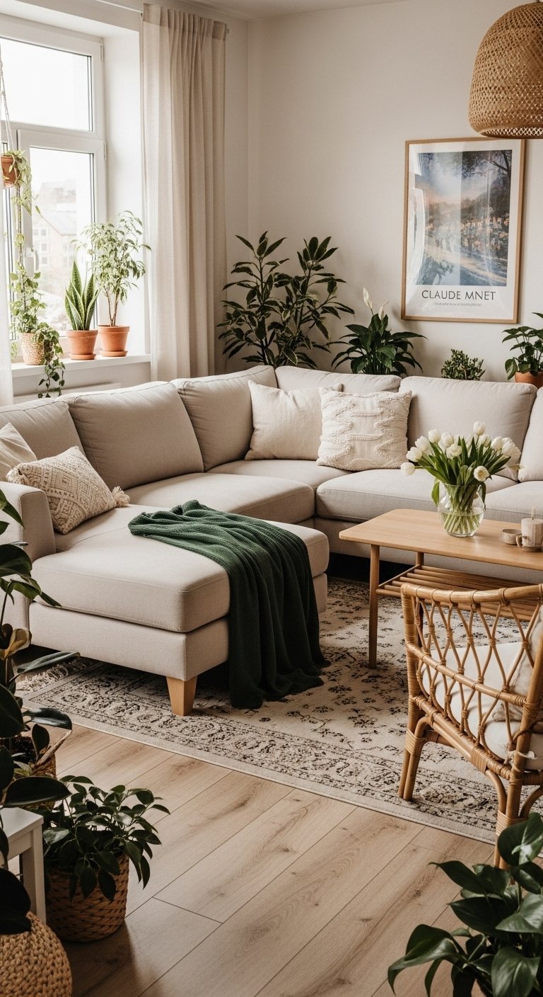 Salon beige style botanique avec nombreuses plantes vertes et plaid vert fonce