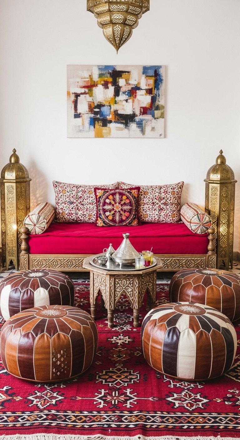 Salon marocain avec sedari rouge poufs en cuir et lanternes en laiton