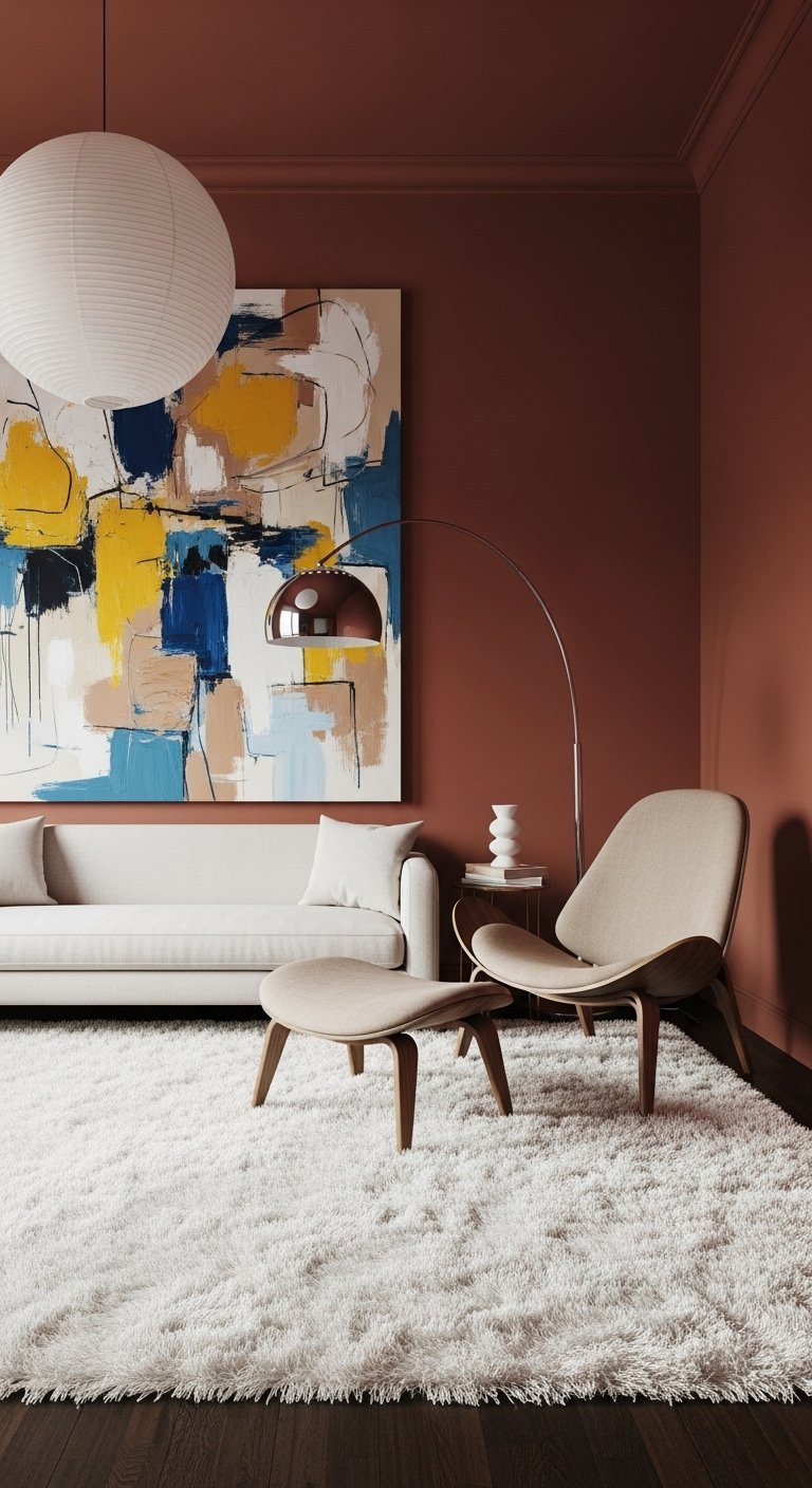 Salon moderne avec mur terracotta fonce canape blanc et grande toile abstraite