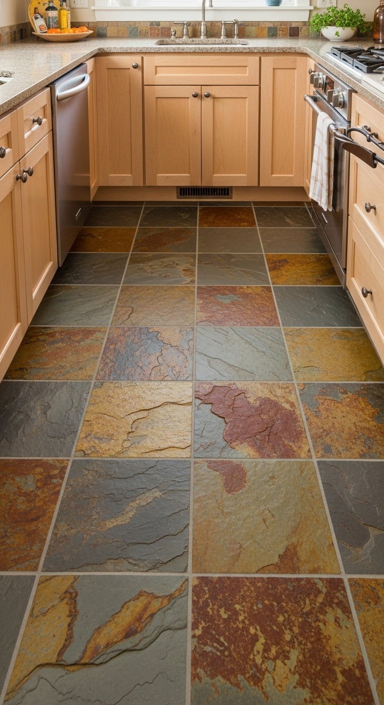 Sol de cuisine en carrelage ardoise naturelle avec des tons multicolores